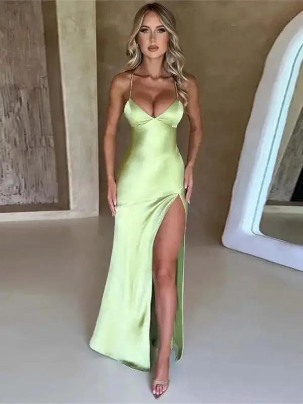 GR | Women's Strappy V-Neck Satin Slit Sexy Backless Long Dress 