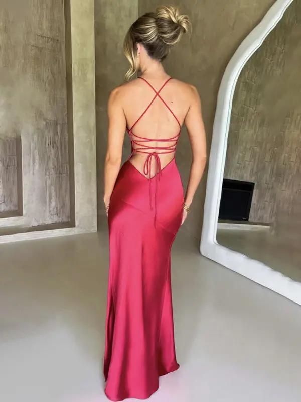 GR | Women's Strappy V-Neck Satin Slit Sexy Backless Long Dress 