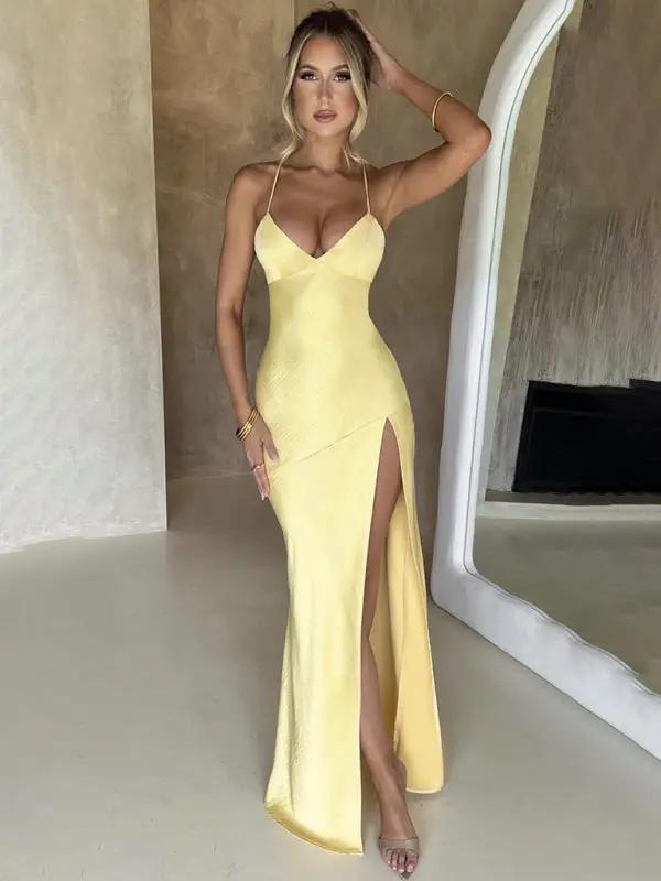 GR | Women's Strappy V-Neck Satin Slit Sexy Backless Long Dress 