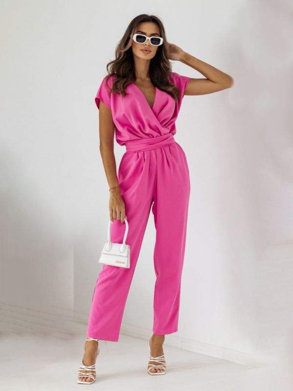 GR | New fashionable solid color slim short-sleeved jumpsuit 