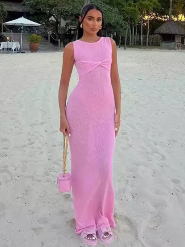GR | Sleeveless fitted round neck knitted solid colour beach dress 