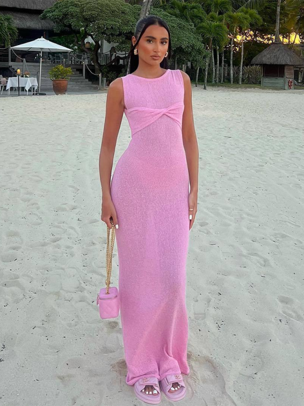 GR | Sleeveless fitted round neck knitted solid colour beach dress 