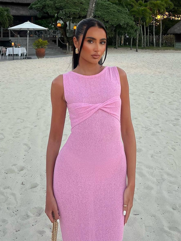 GR | Sleeveless fitted round neck knitted solid colour beach dress 