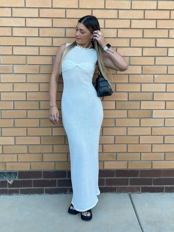 GR | Sleeveless fitted round neck knitted solid colour beach dress 