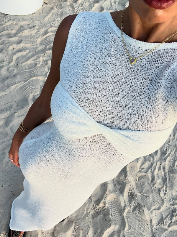 GR | Sleeveless fitted round neck knitted solid colour beach dress 