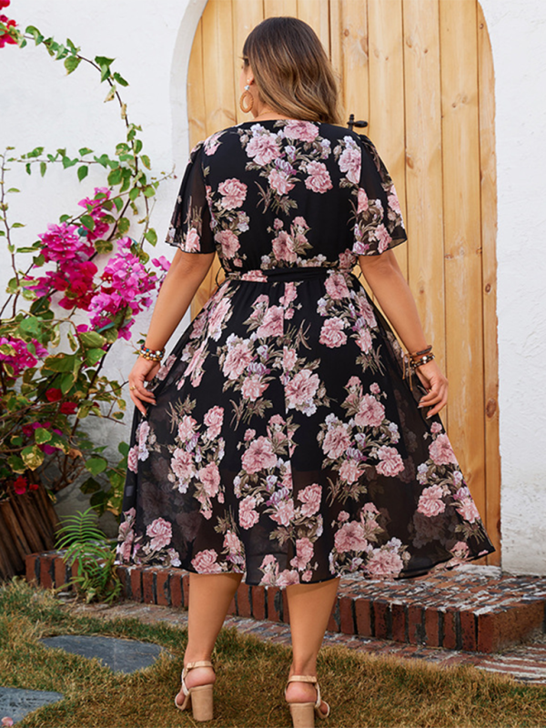 GR | Plus-Size Damen V-Ausschnitt mit schwingenden Ärmeln tailliertes florales Kleid