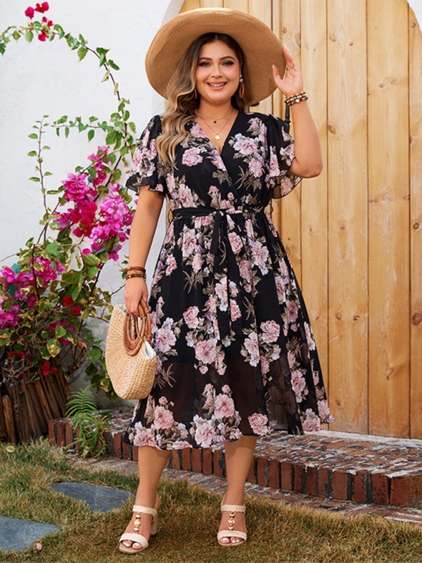 GR | Plus-Size Damen V-Ausschnitt mit schwingenden Ärmeln tailliertes florales Kleid
