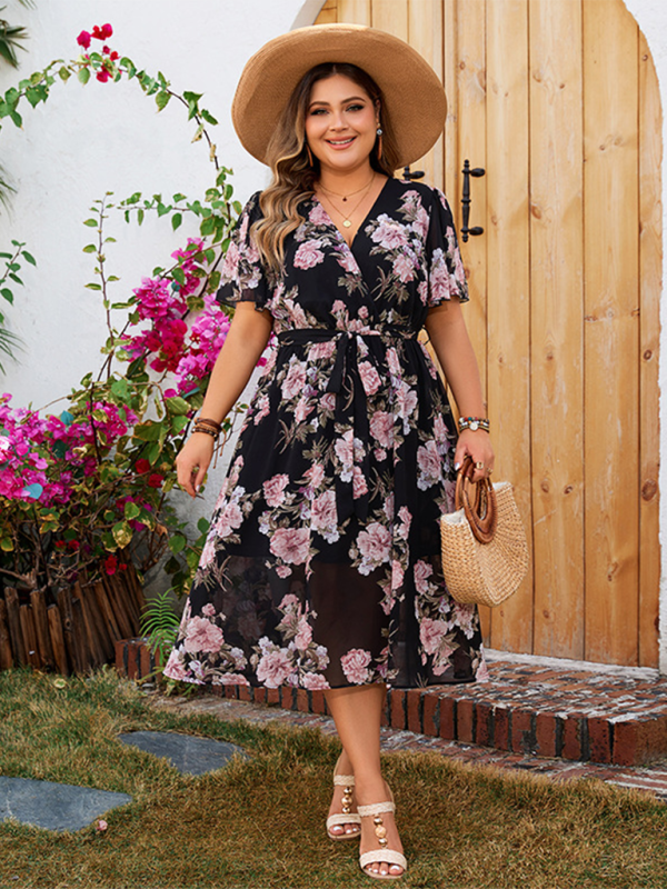 GR | Plus-Size Damen V-Ausschnitt mit schwingenden Ärmeln tailliertes florales Kleid