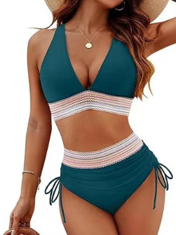 GR | High-waisted two-piece set V-neck tie bikini 