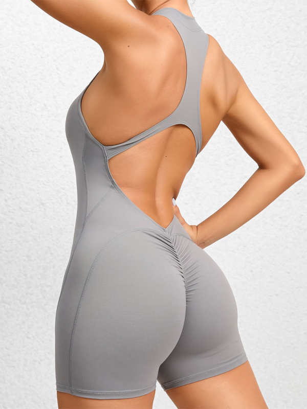 GR | Tight-fitting zip-up sports yoga pants, peach hips, one-piece, quick-drying pleated fitness jumpsuit 