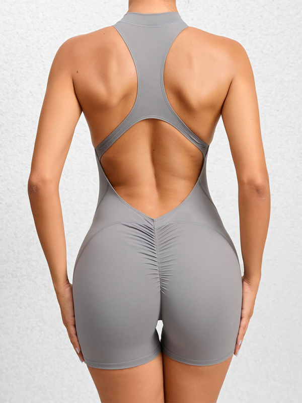 GR | Tight-fitting zip-up sports yoga pants, peach hips, one-piece, quick-drying pleated fitness jumpsuit 