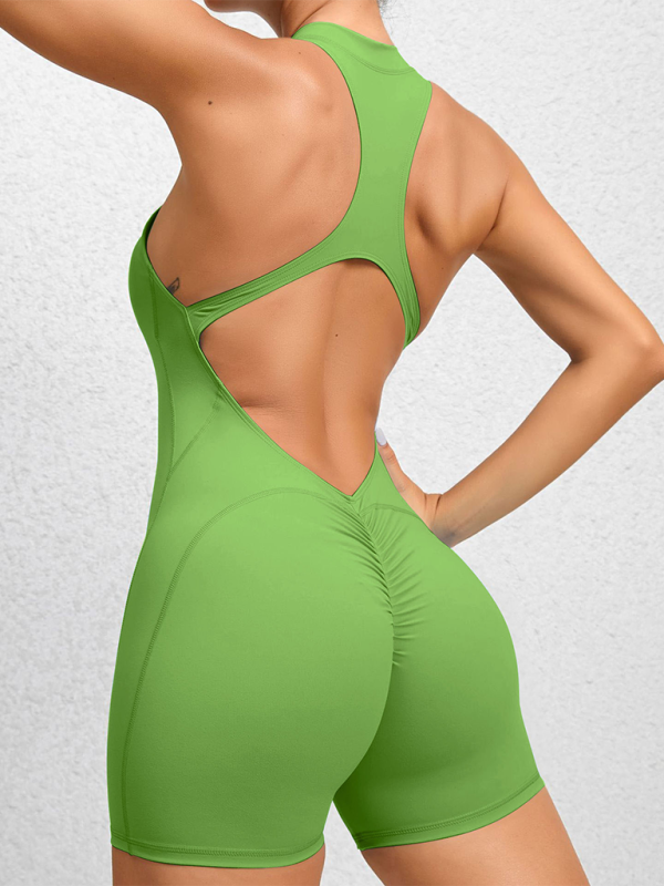 GR | Tight-fitting zip-up sports yoga pants, peach hips, one-piece, quick-drying pleated fitness jumpsuit 
