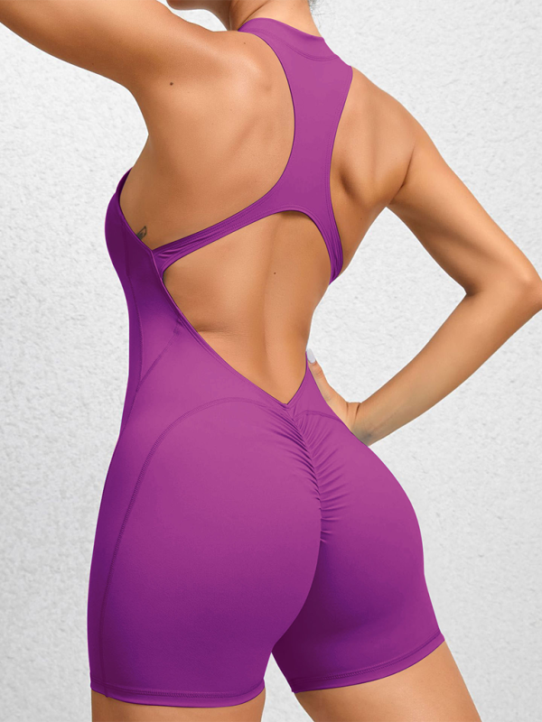 GR | Tight-fitting zip-up sports yoga pants, peach hips, one-piece, quick-drying pleated fitness jumpsuit 