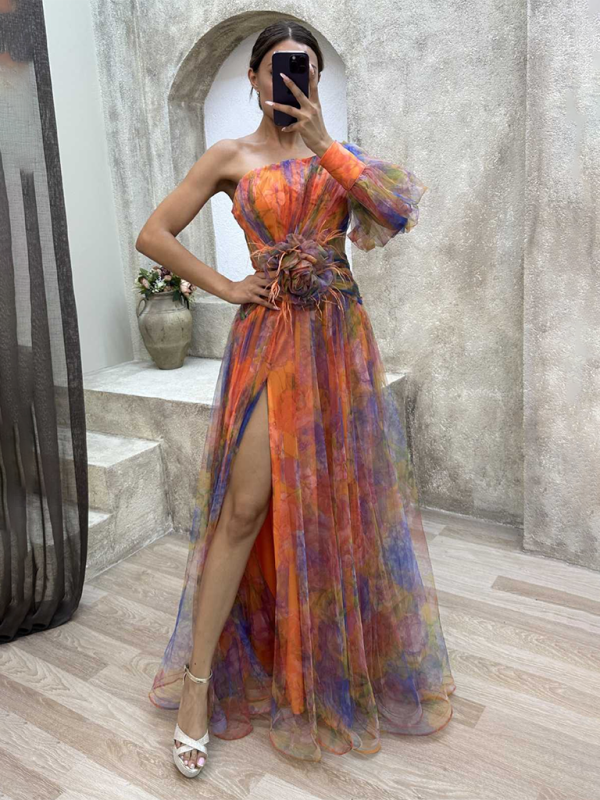 GR | New Party Mesh Shoulder Slit Dress INS Casual Fashion Dresses 