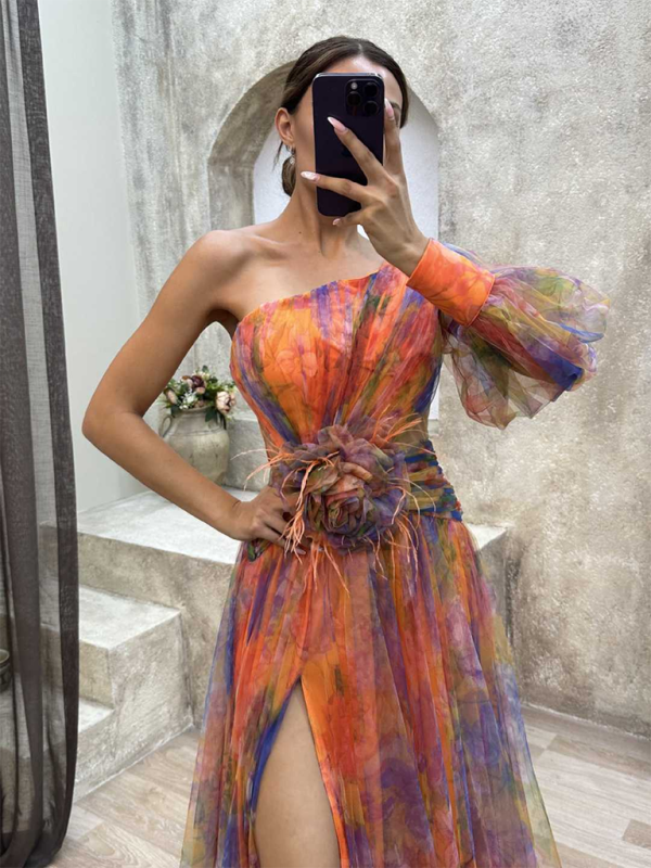 GR | New Party Mesh Shoulder Slit Dress INS Casual Fashion Dresses 