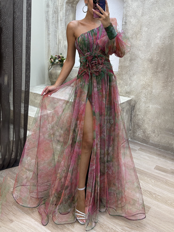 GR | New Party Mesh Shoulder Slit Dress INS Casual Fashion Dresses 