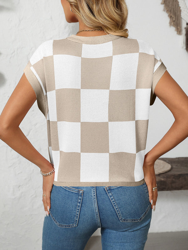 GR | Colorblock Crew Neck Checkerboard Sweater 