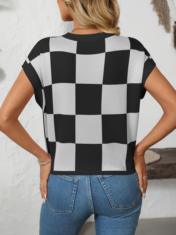 GR | Colorblock Crew Neck Checkerboard Sweater 