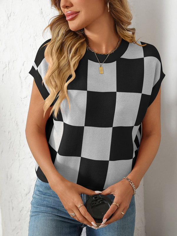 GR | Colorblock Crew Neck Checkerboard Sweater 