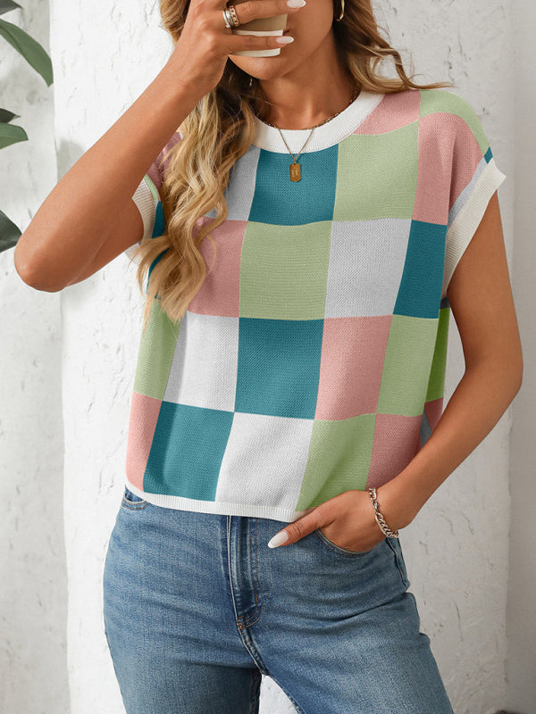 GR | Colorblock Crew Neck Checkerboard Sweater 