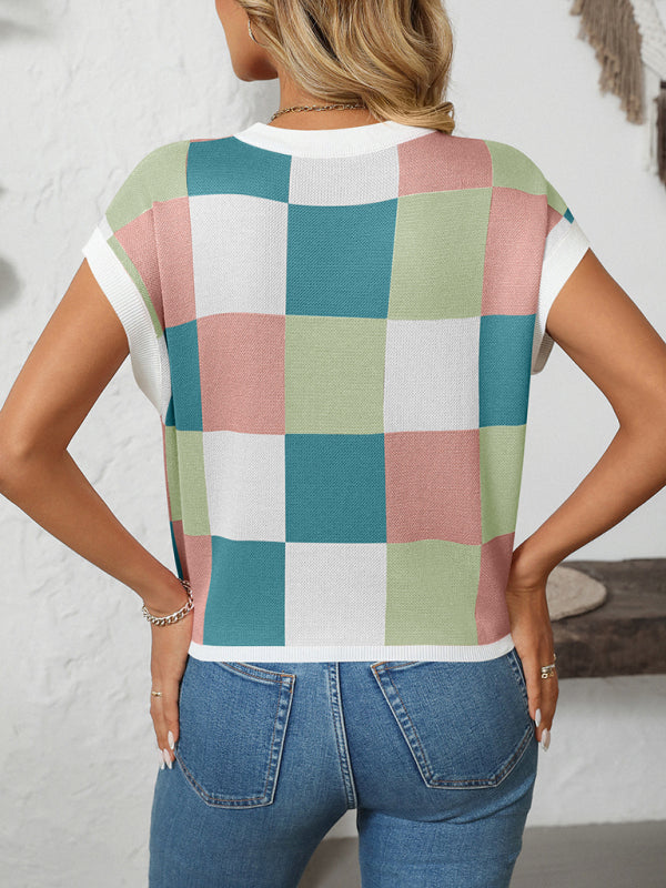 GR | Colorblock Crew Neck Checkerboard Sweater 