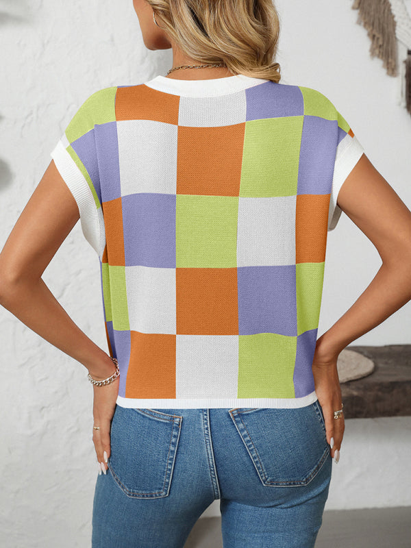 GR | Colorblock Crew Neck Checkerboard Sweater 