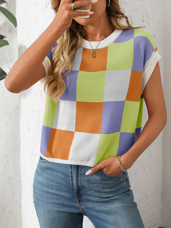 GR | Colorblock Crew Neck Checkerboard Sweater 