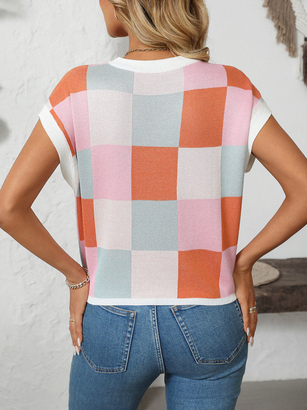GR | Colorblock Crew Neck Checkerboard Sweater 