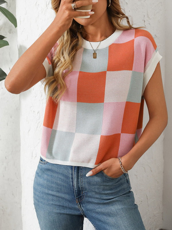 GR | Colorblock Crew Neck Checkerboard Sweater 