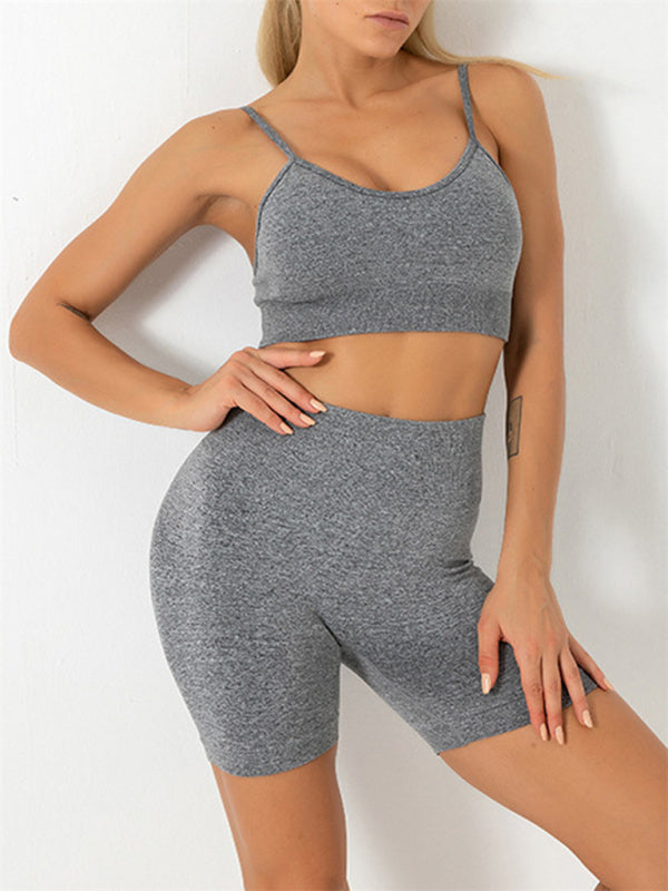 GR | Women's Seamless Solid Color Cami Yoga Sports Bra + Shorts Two-Piece Set 