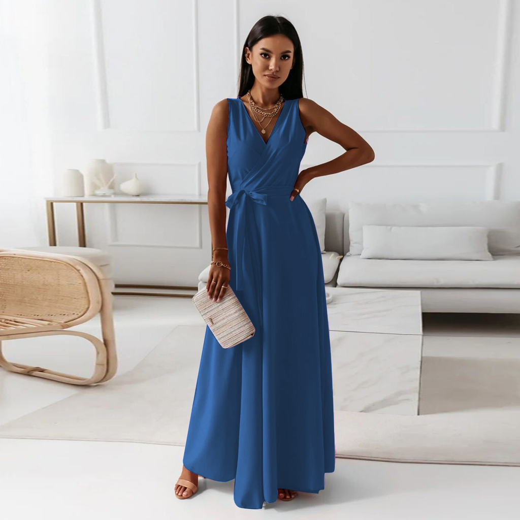 GR - Women's solid color V-neck long dress