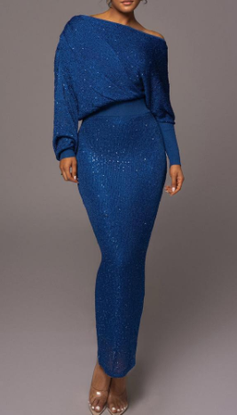 GR Evening Dress | Elegant, festive, off-the-shoulder dress with gold sequins