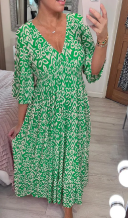GR | Long, loose dress with V-neck and drawstring belt