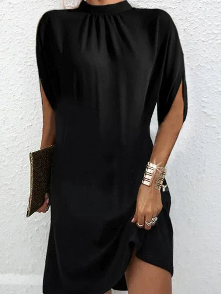 GR | Modern Schwarz Midi Kleid mit Stehkragen