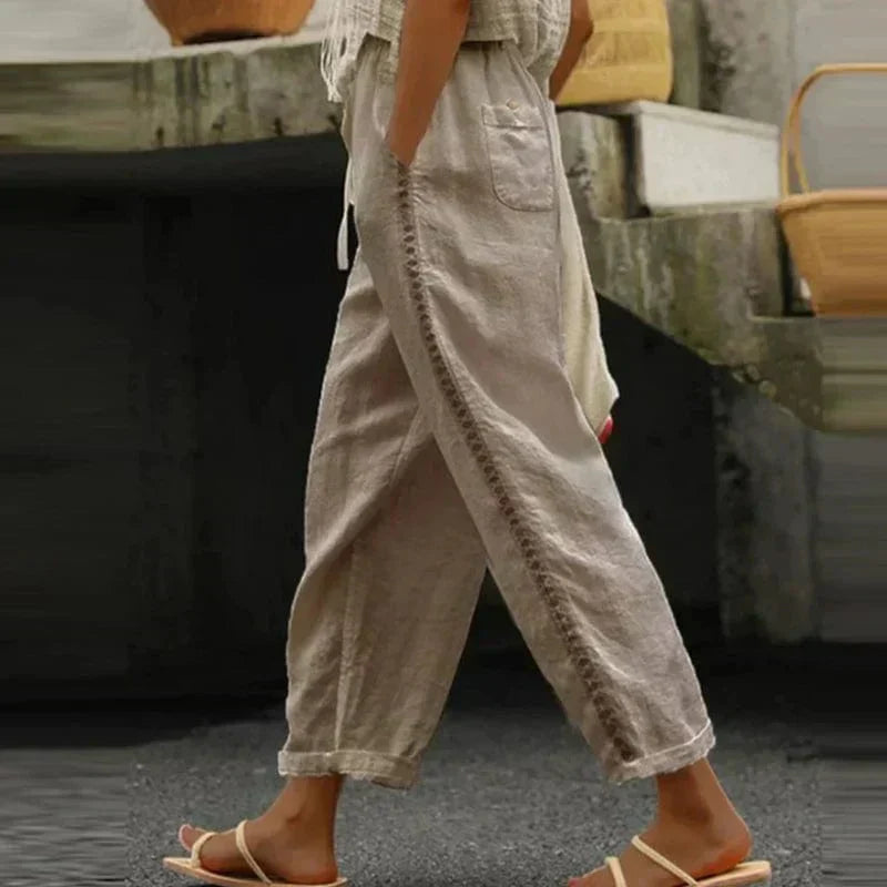 GR | Embroidered linen summer trousers for women
