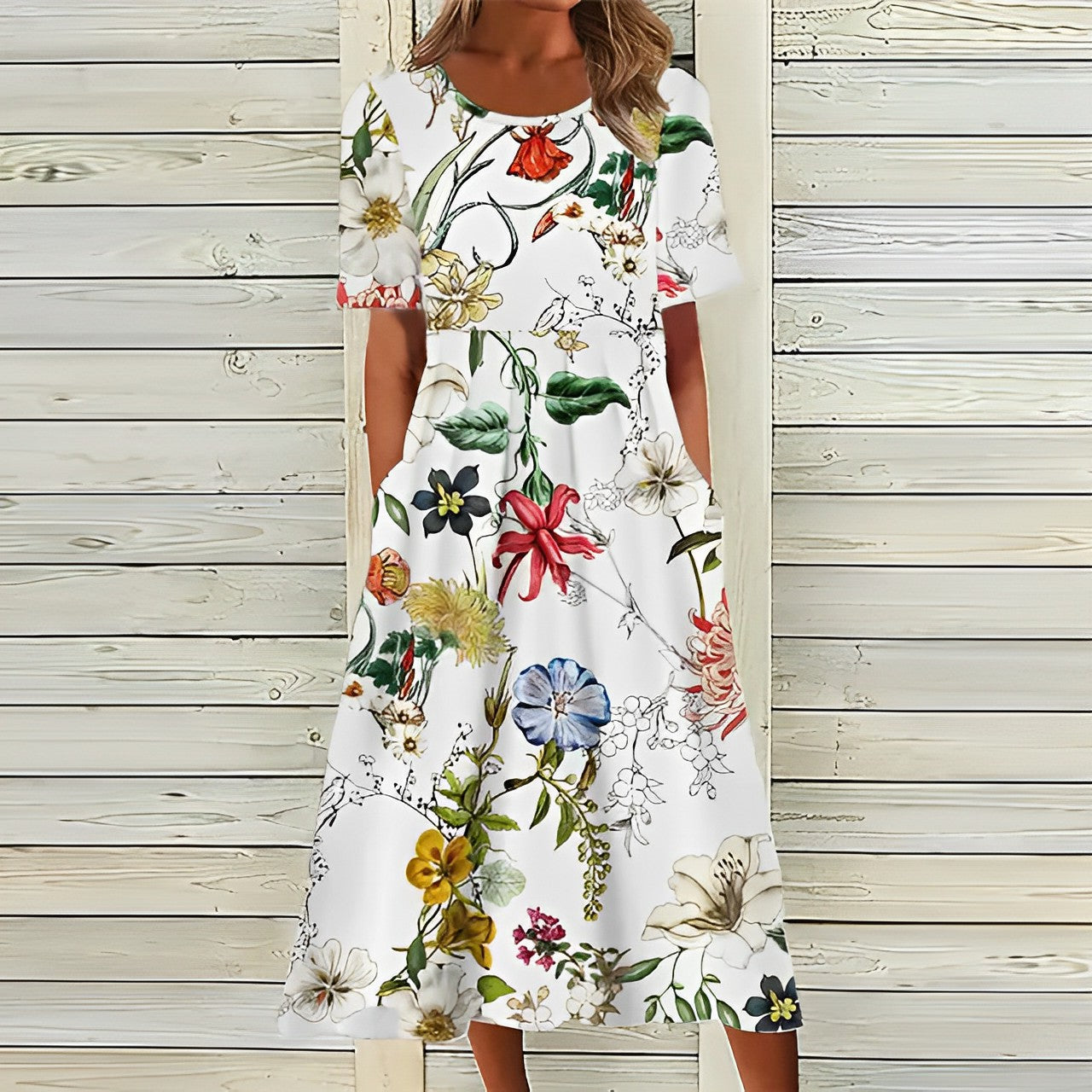 GR | Elegantes weißes blumiges Midikleid für Damen