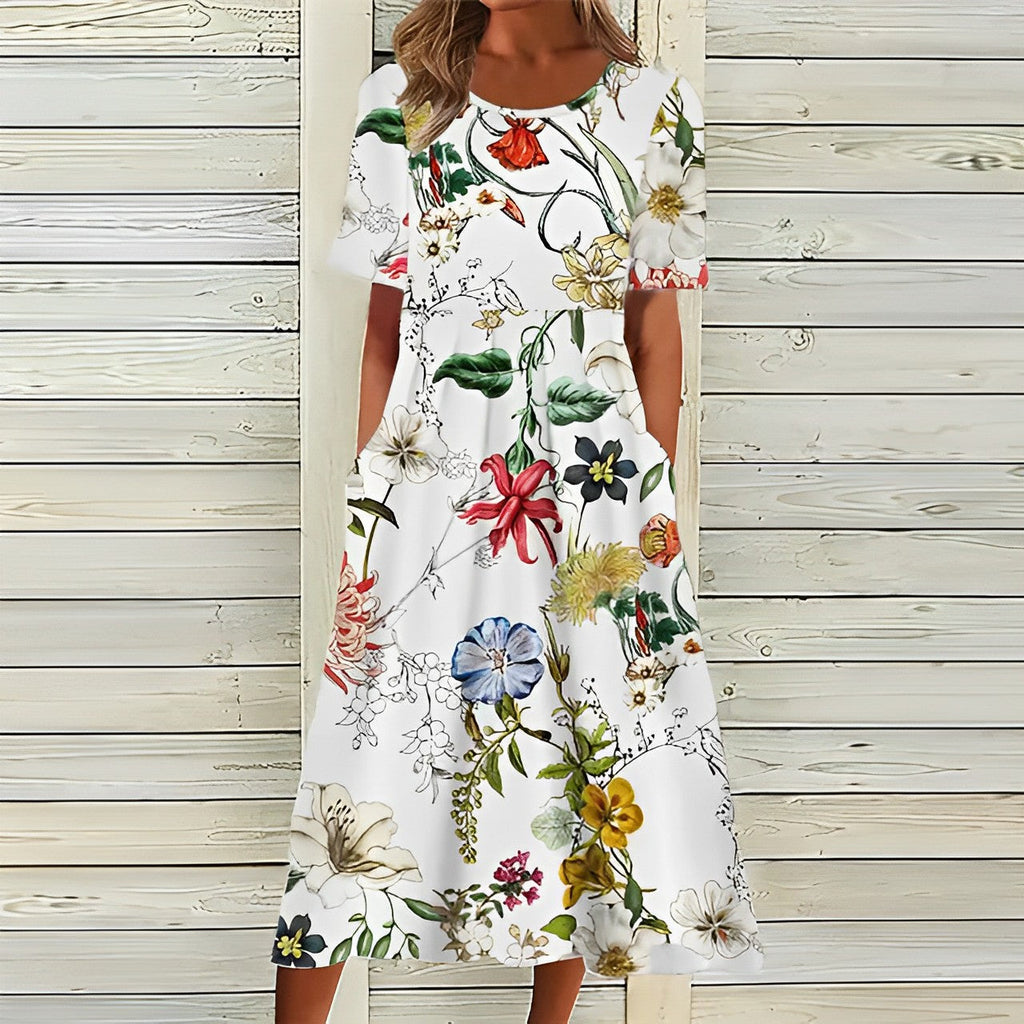 GR | Elegantes weißes blumiges Midikleid für Damen