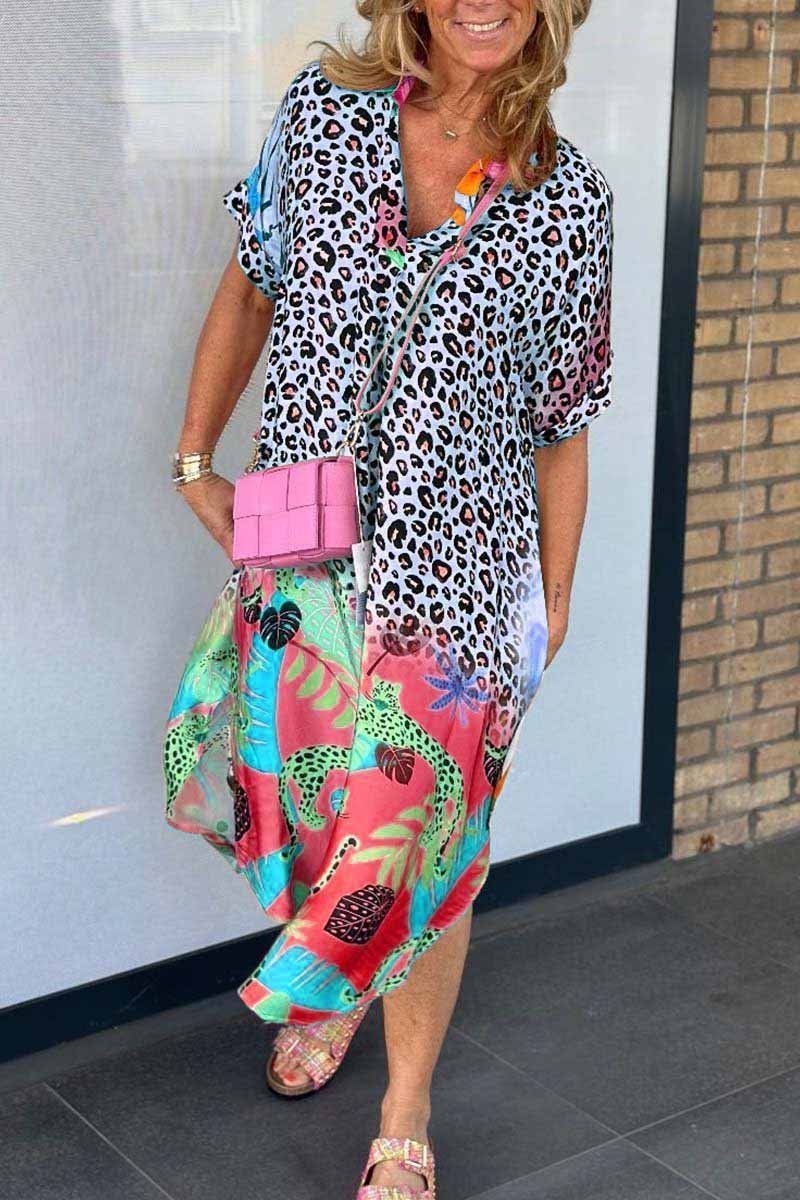 Short-sleeved casual dress with leopard print 