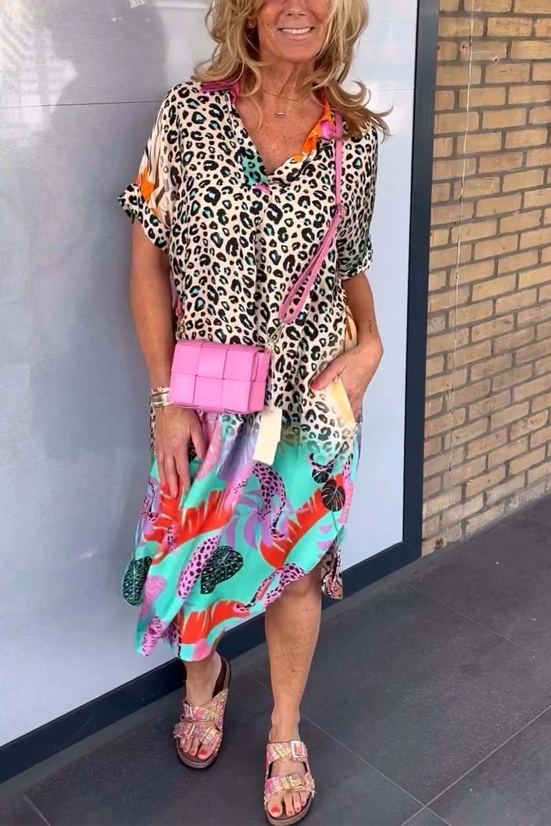 Short-sleeved casual dress with leopard print 