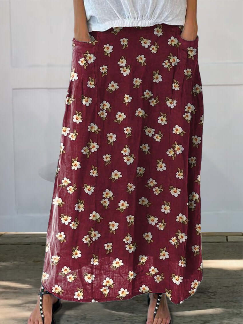 GR | Plumeria Floral Design Printed Women's Linen Skirt with Pockets 