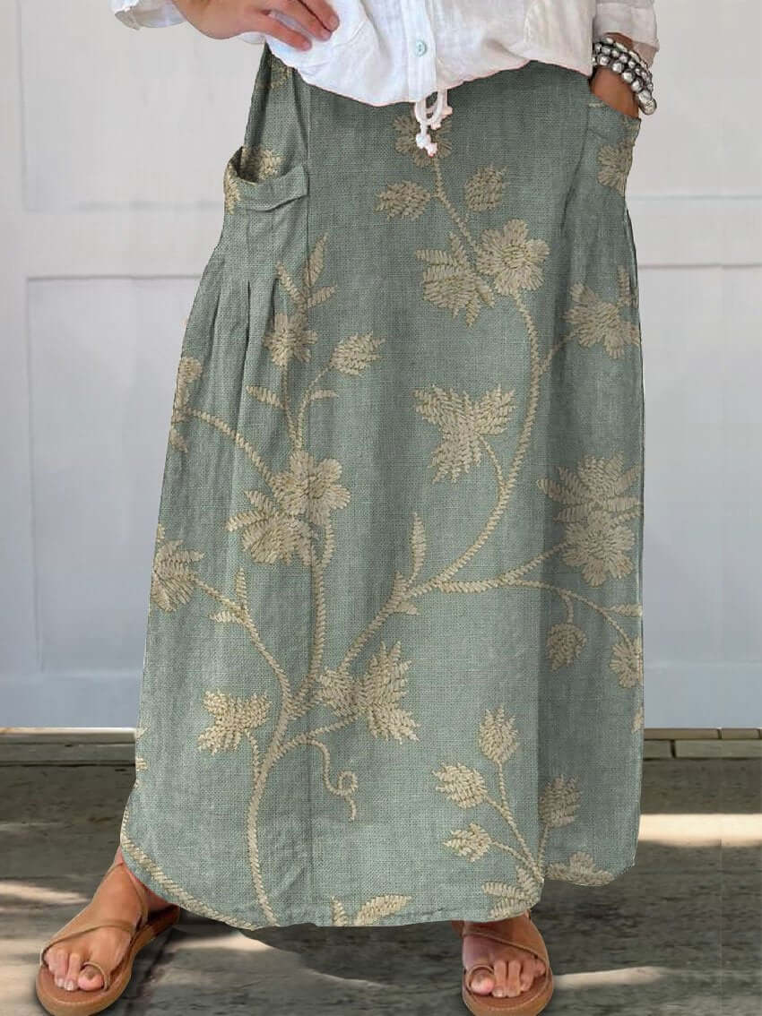 GR | Retro Elegant Floral Art Linen Elastic Waistband Pocket Skirt 