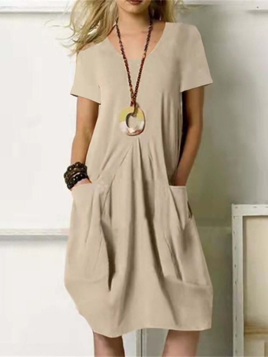 GR | Round neck cotton-linen casual dress 