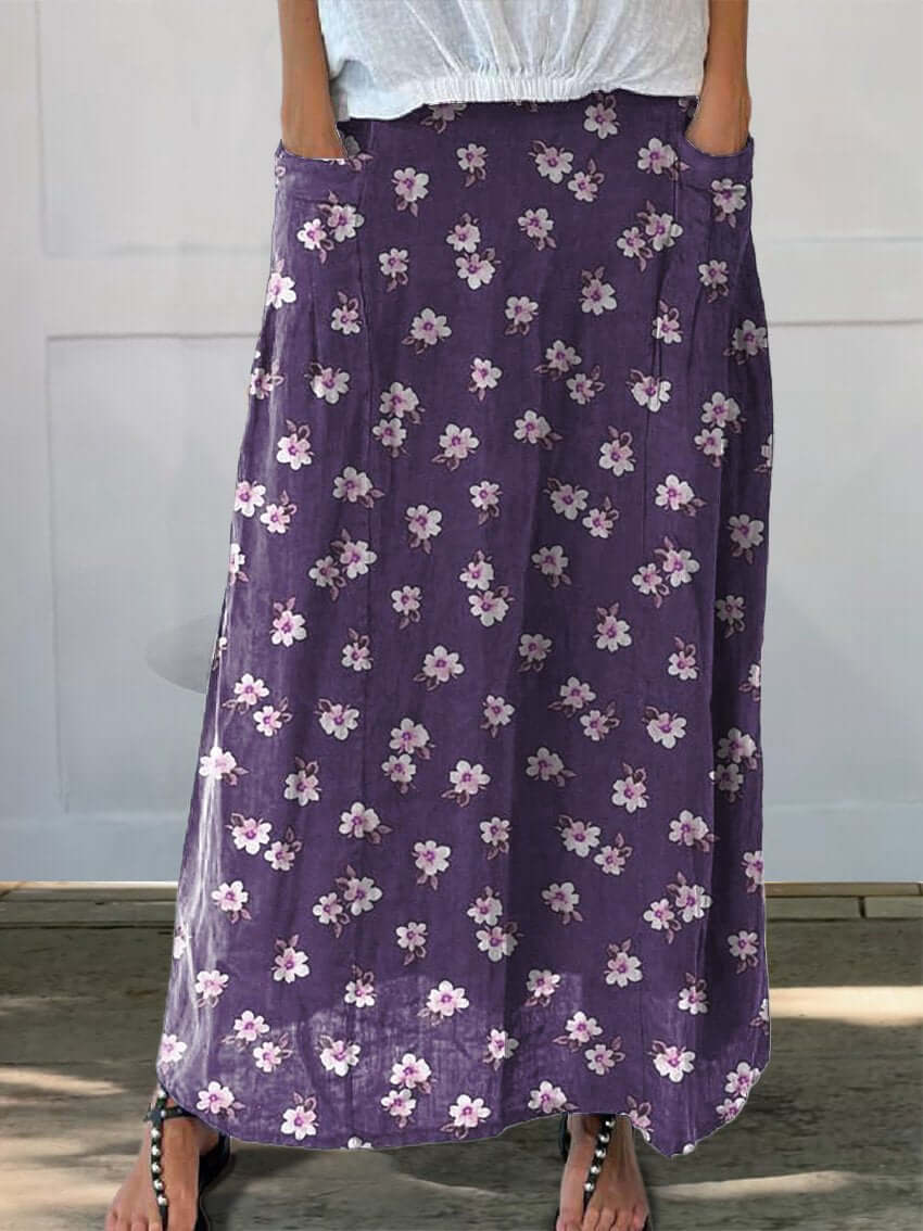 GR | Plumeria Floral Design Printed Women's Linen Skirt with Pockets 