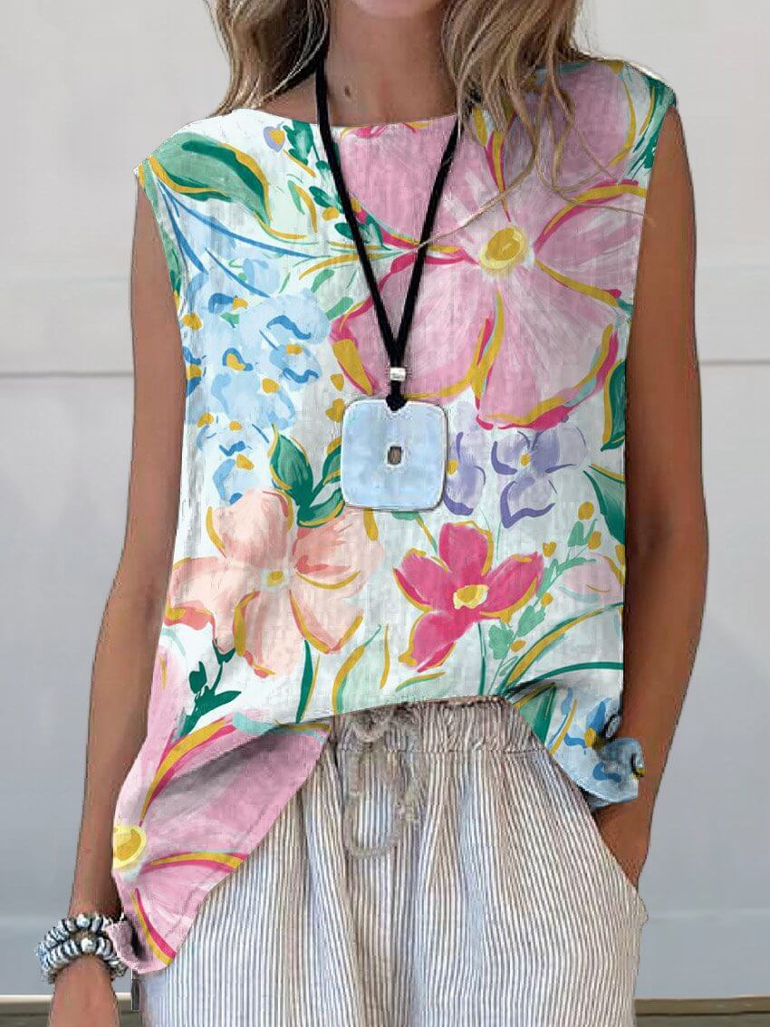 GR | Beautiful Floral Art Print Cotton and Linen Tank Top 