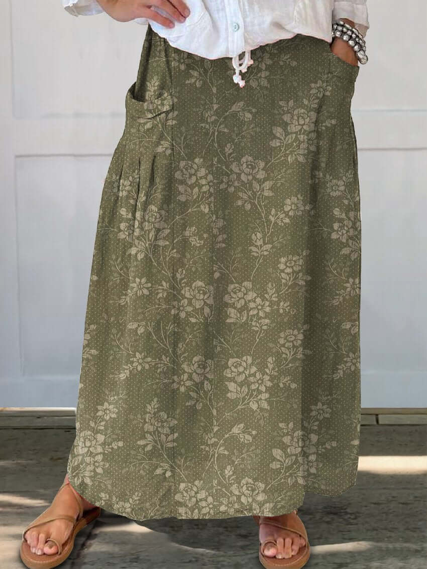GR | Vintage Blumen Leinen Elastischer Taillenbund Rock mit Taschen