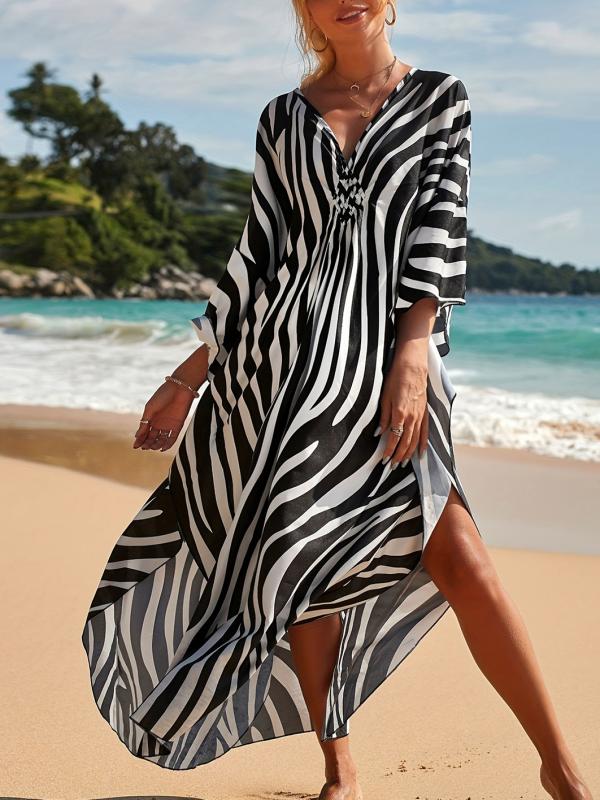 GR | Beach dress with zebra print and V-neck