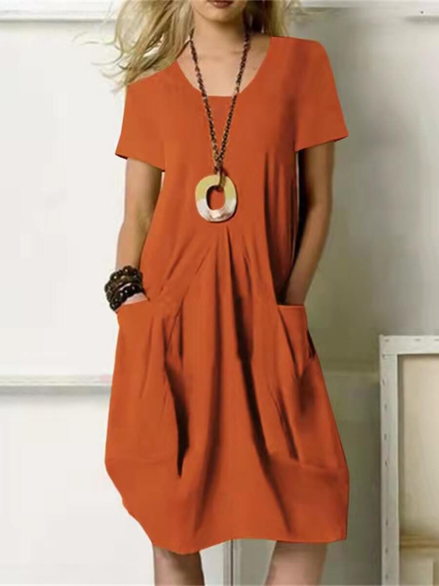 GR | Round neck cotton-linen casual dress 