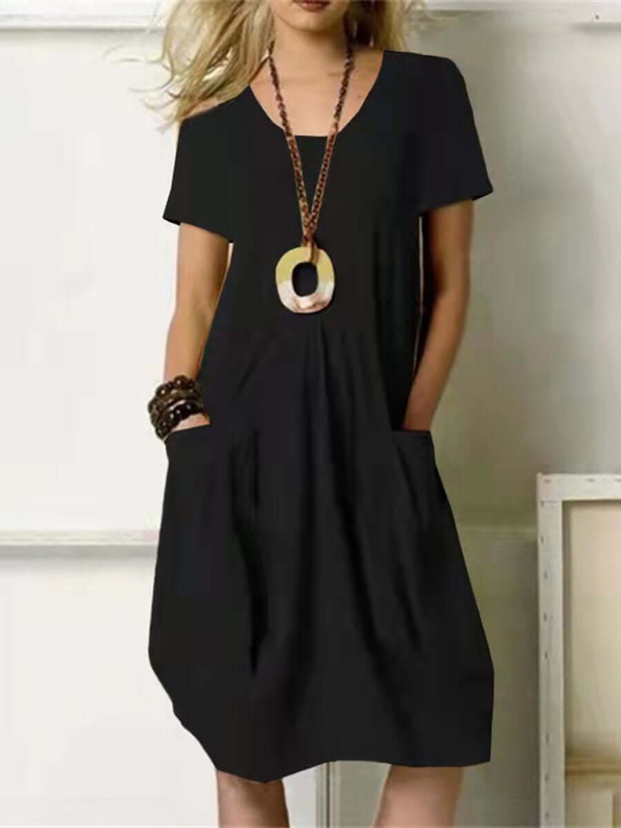 GR | Round neck cotton-linen casual dress 