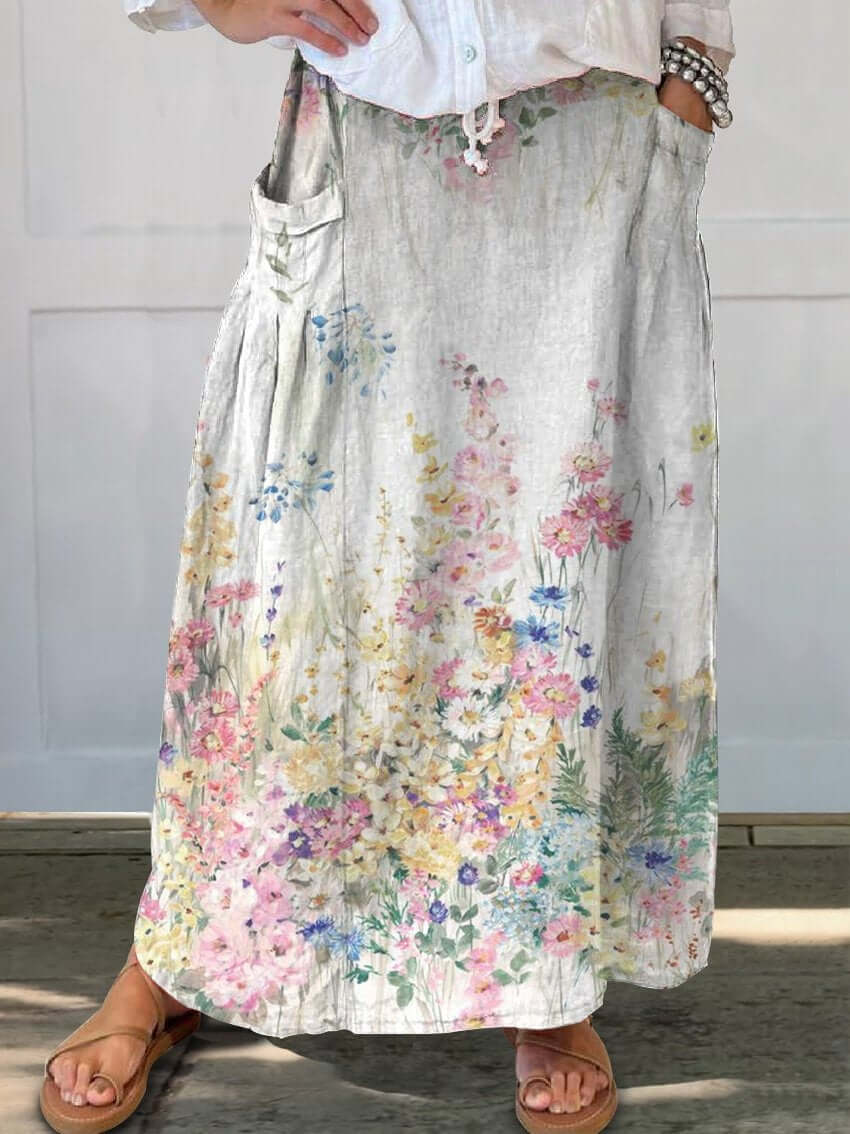 GR | Retro Elegant Floral Art Linen Elastic Waistband Pocket Skirt 