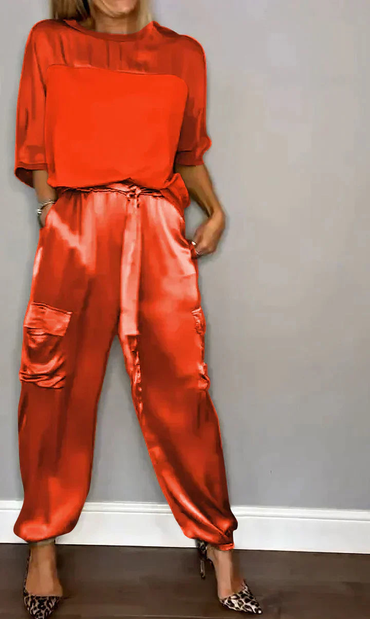 GR | Two-piece satin suit with mid-length blouse and trousers for women